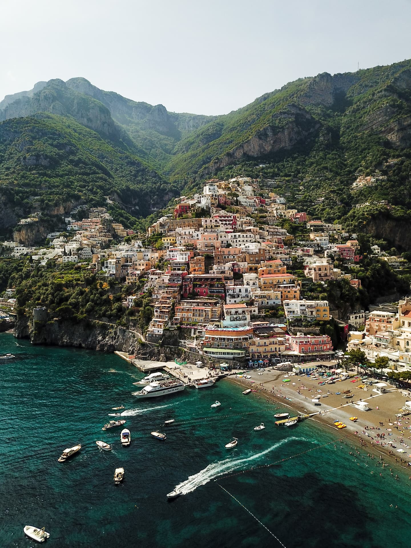 The pastel cliffside houses of Positano on the Amalfi Coast, Italy, seen from above